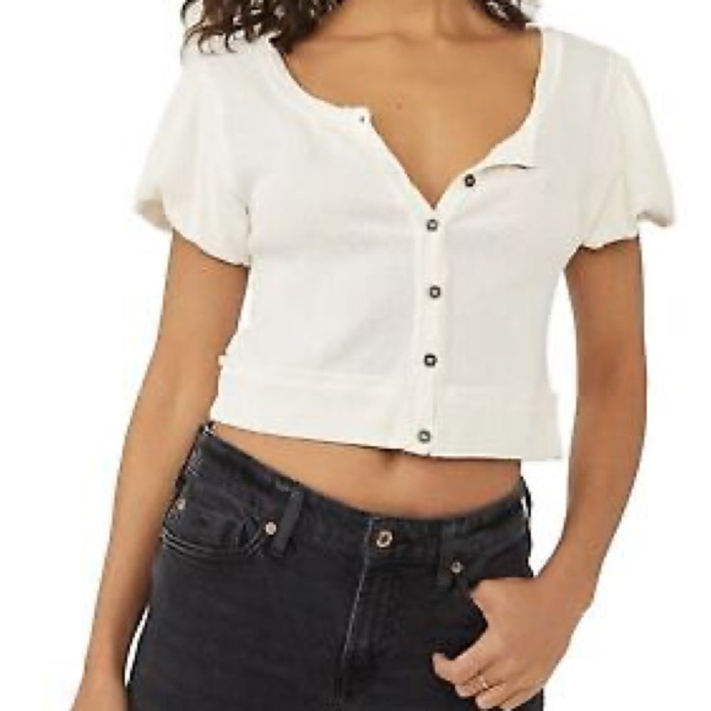 Free People Molly Cream Puff Sleeve Crop Button Down